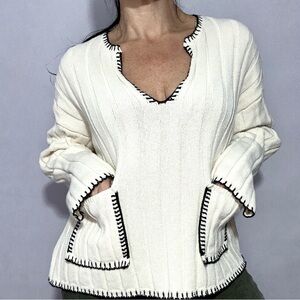 Zara Ivory Knit Sweater Ecru Rib Boxy Style V-Neck Patch Pockets Small
